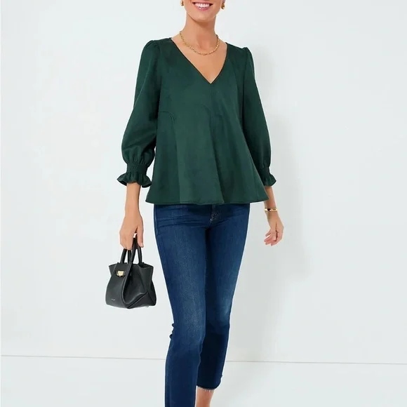 TUCKERNUCK Malachite Suede Easton Blouse Green Ruffle Sleeve Top Sz M NEW